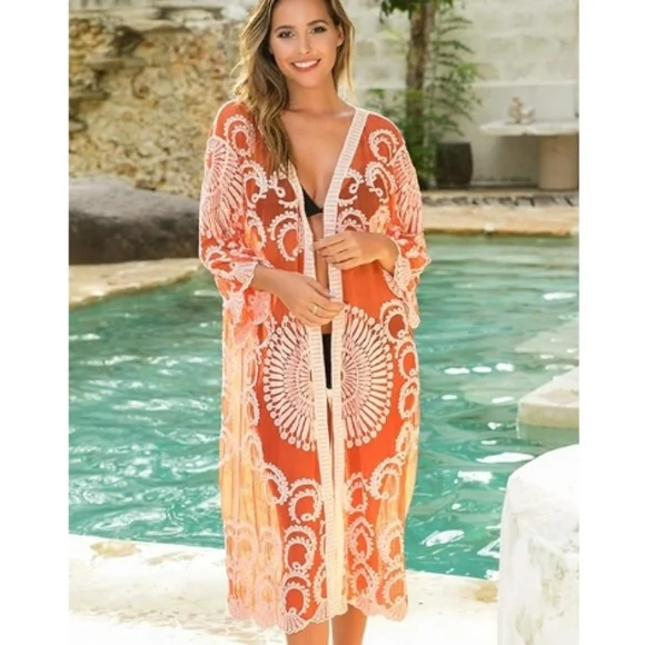 Long Flowy Lace Kimono Cardigan Boho Style Open Cover Ups Orange - Picture 4 of 6